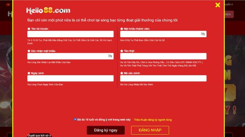 Biểu mẫu đăng ký tài khoản tại Hello88