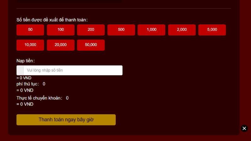 Giao diện nạp tiền Hello88